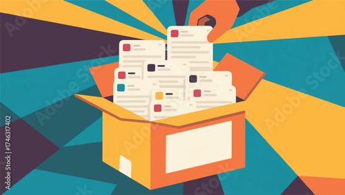 Illustration Of User Archiving All Their Old, The Posts Are Neatly Stacking Themselves Into A Vector Box Labeled Past Selves Vector Design Template
