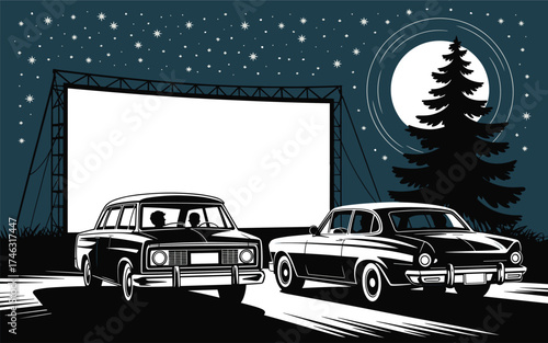 Two vintage cars parked at a drive-in movie theater at night under a starry sky with a large moon and silhouette of a pine tree