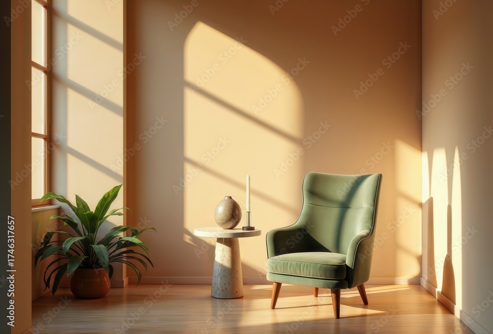 Fototapeta premium Sunlit corner with green armchair, side table, plant, and warm wall shadows. Space for text.