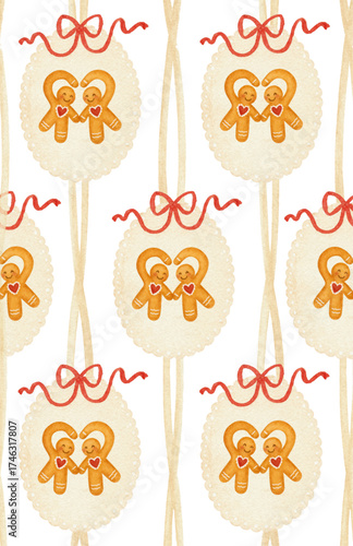 WATERCOLOR CHRISTMAS PATTERN – GINGERBREAD COUPLE WITH CANDY CANE HEART, RED BOWS AND VINTAGE OVAL FRAMES, SEAMLESS DESIGN FOR FABRICS AND GIFT WRAP