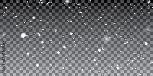 White snowflakes on a transparent background.. Flurry of snowflakes cascading through the air.