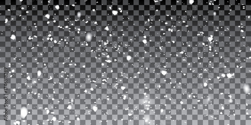 Flurry of snowflakes cascading through the air. The varying sizes of snowflakes add depth and a sense of motion, ideal for evoking the cold, serene essence of a snowfall.