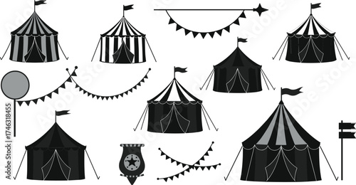 Circus tent and decoration silhouette set, black and white carnival clipart, vector fairground icons, festive graphic elements