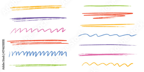 Colorful crayon underline strokes in various styles - straight and wavy, zigzag patterns with textured hand drawn appearance. Vibrant pastel color lines for emphasis or decorative text highlights.