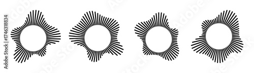 Circular sound wave visualization with radial black lines. Four variations of radial audio frequency patterns in monochrome. Rhythmic pulse representations for music or acoustic design elements.