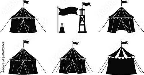 Circus tent and tower silhouette set, black and white carnival clipart, striped fairground vector, graphic design elements