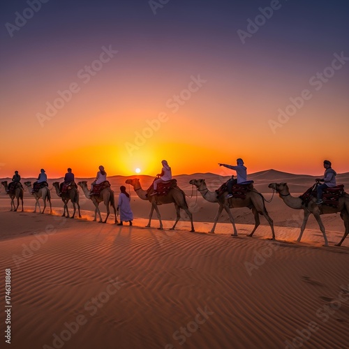 A line of tourists on a camel caravan adventure, journeying across vast desert sand dunes against a stunning sunset sky