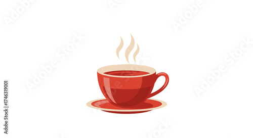 Steaming Red Cup of Hot Beverage on Saucer.