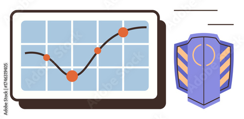 Line graph chart with upward trend and security shield. Ideal for analytics, data protection, cybersecurity, statistics, growth, technology, and business strategy. Simple flat metaphor