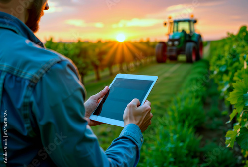 Farmer using tablet in vineyard at sunset. Space for text.