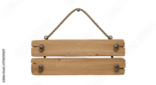 Isolated hanging vintage wooden sign with rope hanger for text and art, rustic style