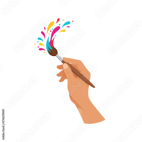 Hand holding paintbrush with colorful splashes of paint  