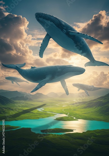 Group of Large Whales Swimming in Bright Sky Over Green Mountain Landscape