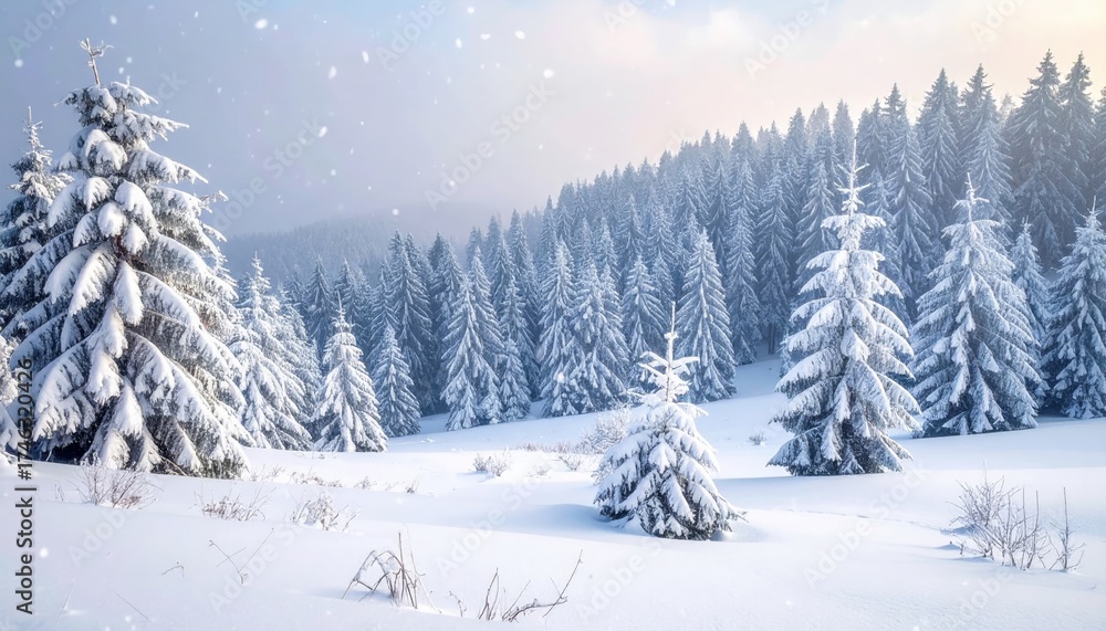 Naklejka premium Cold white snow blankets the winter forest path with frosted pine trees under a blue sky