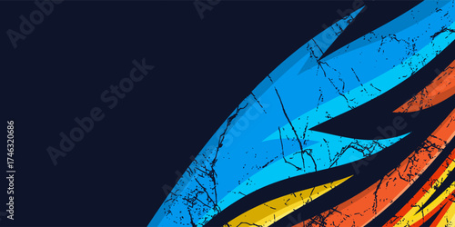 sports background, banner design in blue and black with pointed shapes and empty space. brush stroke pattern