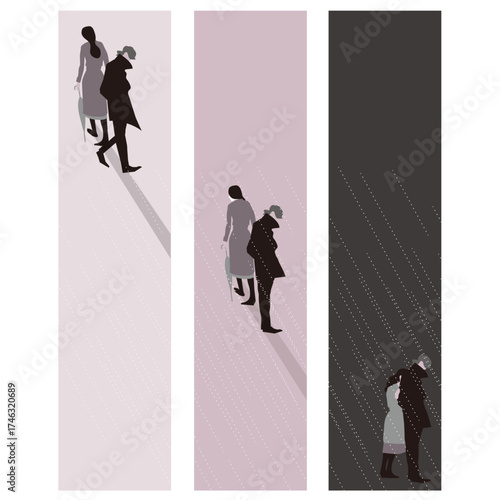 Stylish vector illustration of a couple parting ways in the rain. Perfect for book cover design, editorial use, romance or drama concepts, and emotional relationship themes.