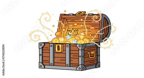 Treasure Chest Filled with Gold Coins and Jewels.