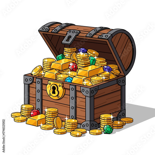 Treasure Chest Overflowing with Gold Coins and Jewels.