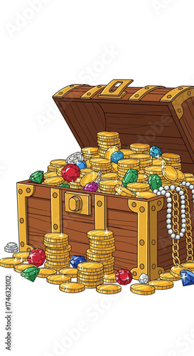 Treasure Chest Overflowing with Gold Coins and Jewels.