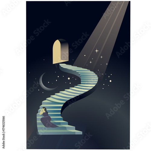 Flat illustration of a night scene with a single glowing window and stairs under a spotlight. Conceptual vector art, ideal for novel book cover design, publishing projects, or editorial use.1