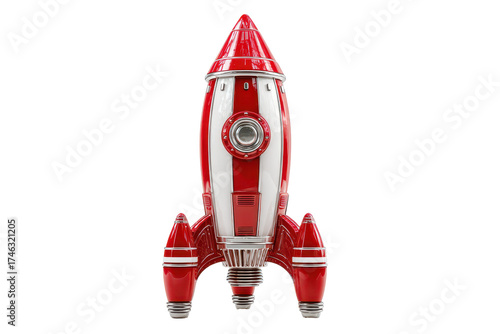 Retro red and white toy rocket with metallic details, ready for a space adventure