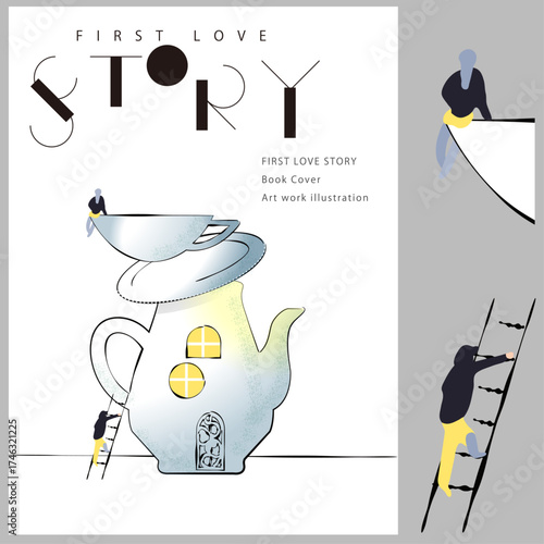 Line art illustration of a teapot-shaped house with a man and woman passing by. Conceptual vector art, ideal for novel book cover design, publishing projects, or editorial use.