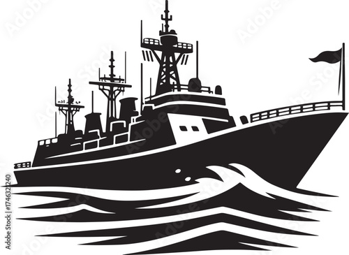 A nautical vector silhouette illustration of a ship, vessel, or boat for sea transportation