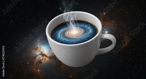 Coffee Cup with Galaxy Spiral in White Mug Floating in Space Scene