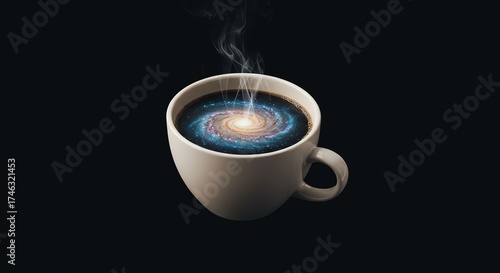 White Coffee Mug with Galaxy and Galaxy Spiral in Liquid Coffee Artistic Surrealism