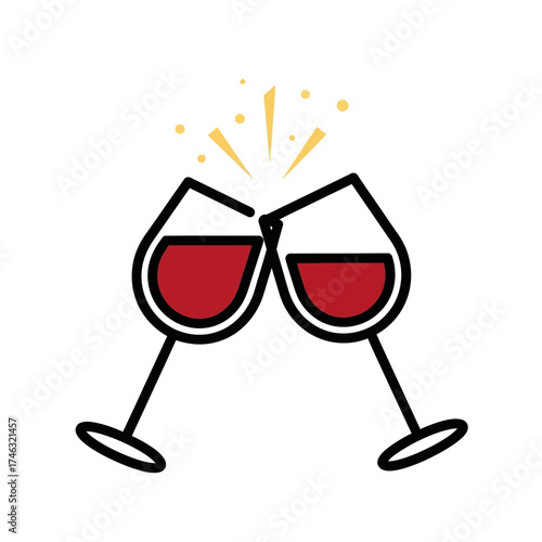 Two glasses of red wine clinking together with celebratory sparks.