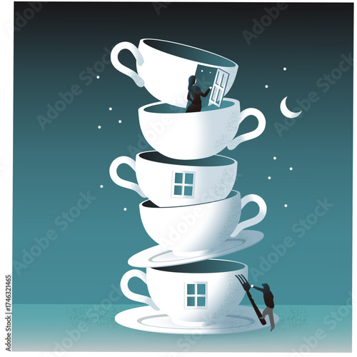 Flat illustration of a man and woman inside a house made of stacked teacups. Conceptual vector art, ideal for novel book cover design, publishing projects, or editorial use.