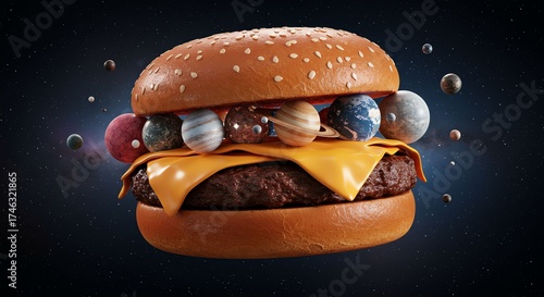 Space Themed Cheeseburger with Planetary Toppings Surrounded by Stars