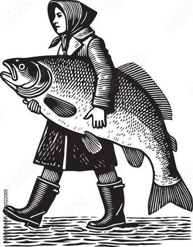 A medieval woman carrying a huge fish on her shoulders