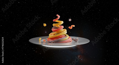 Colorful Spiral Pasta on Reflective Plate Floating in Space with Stars and Galaxy Background