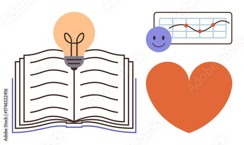 Open book with glowing bulb symbolizing ideas, orange heart for love, chart with happy face for data and positivity. Ideal for education, creativity, emotions, inspiration, analytics, innovation