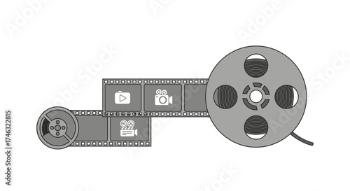 Vintage Film Reel and Strip with Icons.