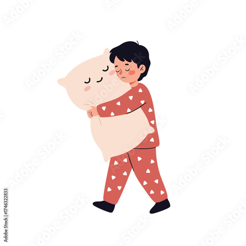 a sleepy child, wearing pajamas, walking while hugging their favorite large, fluffy pillow