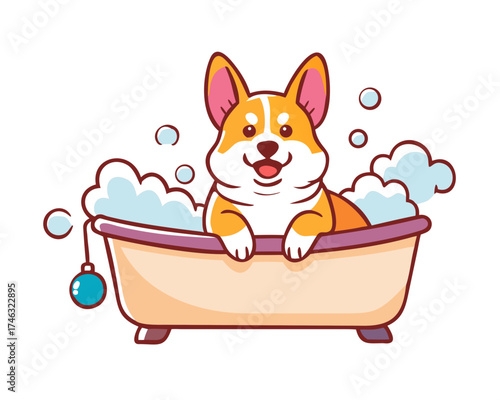 Funny portrait of a welsh corgi pembroke dog showering with shampoo. Dog taking a bubble bath in grooming salon.