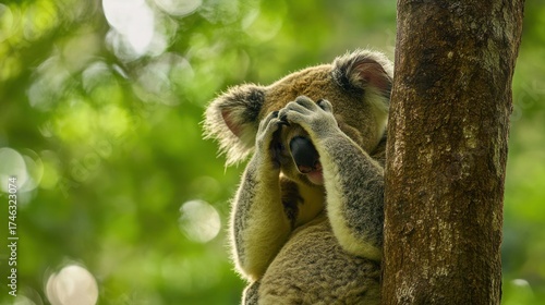 Koala hiding in tree, forest background, wildlife conservation