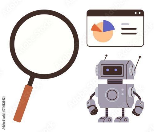 Robot facing data analysis chart, holding magnifying glass. Ideal for technology, AI, research, analytics, automation, innovation problem-solving. Represents simple flat metaphor