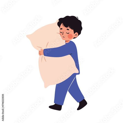a sleepy child, wearing pajamas, walking while hugging their favorite large, fluffy pillow
