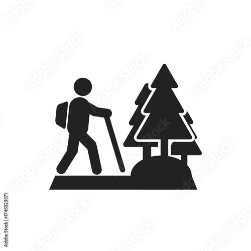 Isolated illustration of a stickman silhouette hiking in the forest with a hiking stick and wearing a backpack