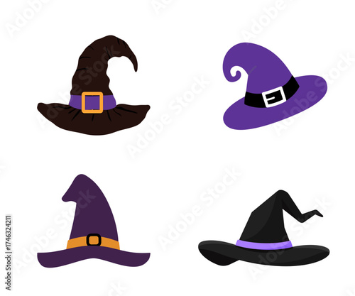 Witch spooky hats set. Halloween witch hats, Halloween party costume elements flat vector illustrations