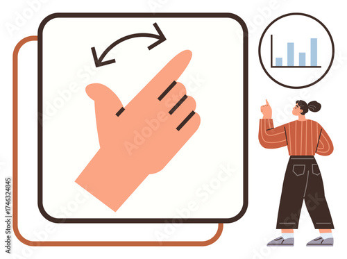 Hand swipe gesture indicating navigation, person pointing at data chart, conveying interaction. Ideal for digital interface, navigation, analytics, education, communication, technology simple flat