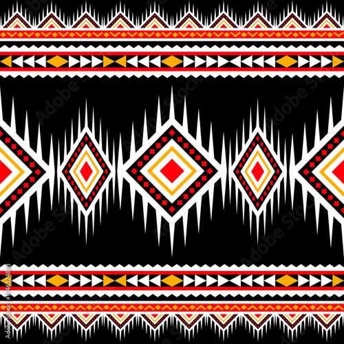 Geometric tribal pattern with diamond shapes triangles and zigzags in black white red and yellow ethnic design background