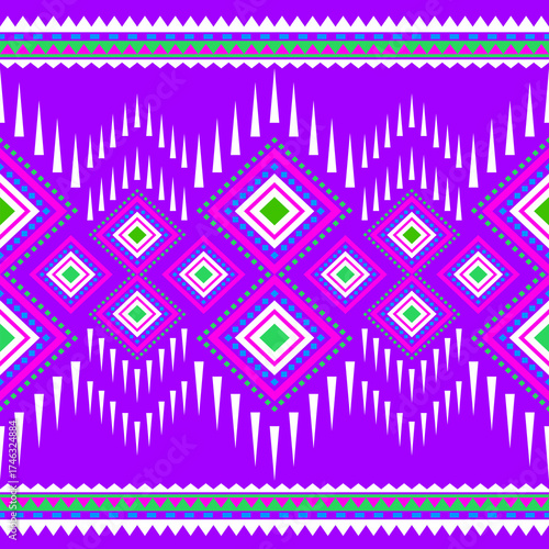 Geometric pattern featuring repeating diamond shapes and triangular motifs on a vivid purple background with white pink green and blue accents