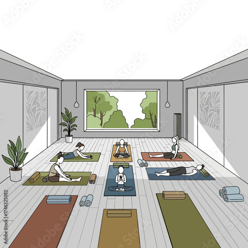 Yoga class in a bright studio with large window overlooking trees.