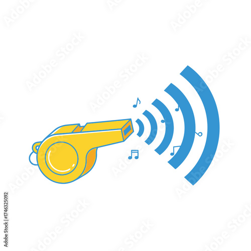 Yellow whistle blowing sound waves and musical notes.