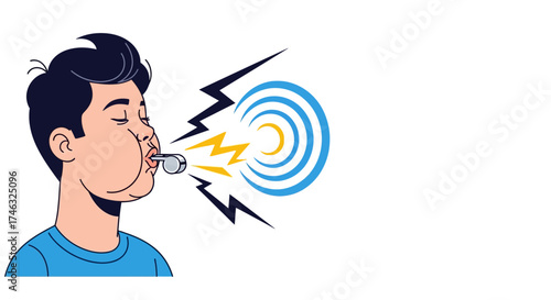 Young boy blowing a whistle with sound waves emanating from it.