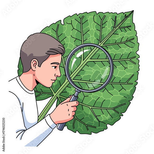 Young man examining a large green leaf with a magnifying glass.
